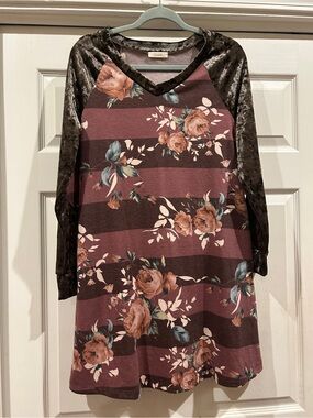 ODDY Mauve and Brown Floral Stripe Midi Dress
